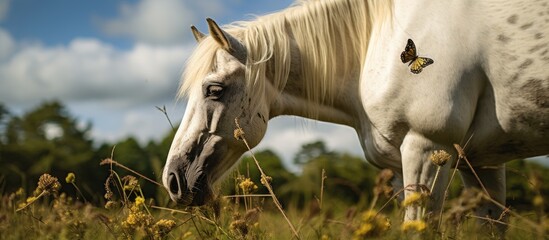 In the rural heathland of England, a beautiful portrait of a horse with cream-colored coat captivates the eyes of onlookers, as its wings, resembling those of a butterfly, shimmer in the summer sun