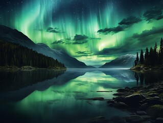 Majestic Northern Lights Dancing Over Mountain Lake: An Ethereal Spectacle! Generative AI