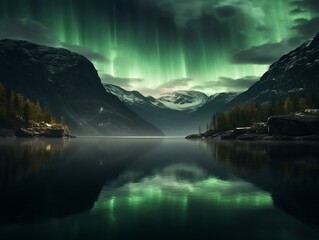 Spectacular Display of Aurora Borealis Over Dybnefjord Mountain - A Majestic Natural Phenomenon Generative AI