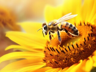 Experience the Wonder: A Vivid Close-Up of a Bee on a Sunflower in Full Bloom Generative AI