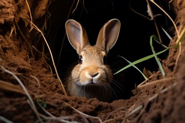 Mystical Glimpse: A Brown Rabbit's Curious Exploration from His Cozy Burrow! Generative AI