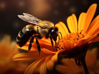 Vibrant Encounter: A Close-Up View of a Bumble Bee on an Orange Blossom Generative AI