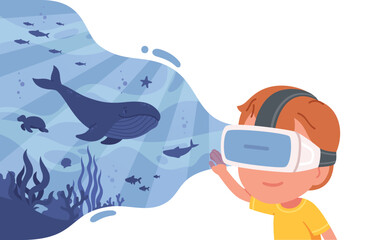 Boy kid in VR headset watching fish in ocean. Child person in virtual reality goggles device with underwater immersive simulation. Entertainment, cyberspace technology concept flat vector illustration