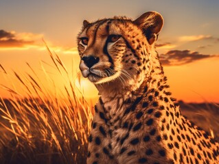 Stunning Speed: A Majestic Cheetah Embracing Sunset on the Serengeti Generative AI - obrazy, fototapety, plakaty