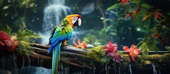 Foto op Plexiglas In the vibrant rainforest, a beautiful parrot perched on a jungle tree branch, surrounded by the lush greenery and the soothing sound of a waterfall cascading into the crystal-clear water below. The © AkuAku