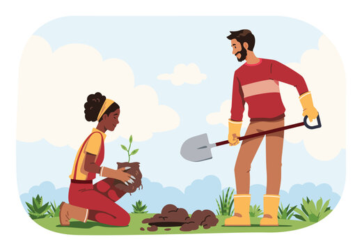 Volunteers people planting tree seedling. Man, woman persons taking care of plant growth, nature ecology together. Environment, environmental conservation, garden cultivation flat vector illustration
