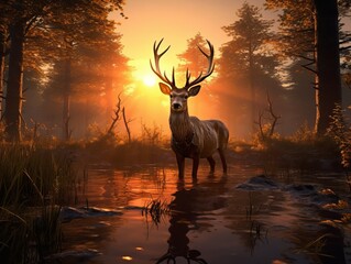 Sunrise Serenade: Majestic Deer Grazing in Tranquil Forest at Dawn Generative AI