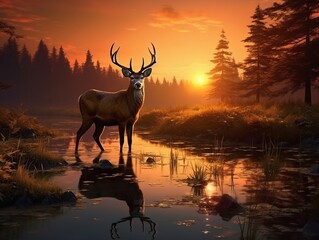 Majestic Sunrise: An Enchanting View of Deer Grazing in the Forest Generative AI