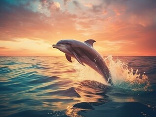 Mesmerizing Twilight Dance: A Majestic Dolphin Display Against an Ocean Sunset Generative AI