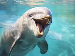 Captivating Underwater Exploration: Up-close Encounter with an Open-Mouthed Dolphin! Generative AI
