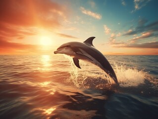 Majestic Sunset: Captivating Display of a Dolphin Dancing in the Dusk Generative AI