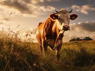 Experience Tranquility: A Solo Cow in Serene Pastures Under Sunlight Generative AI