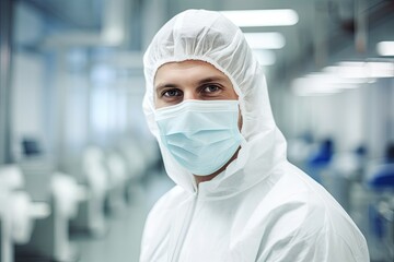Young male surgeon in blue uniform and face mask, a healthcare professional ready for surgery.