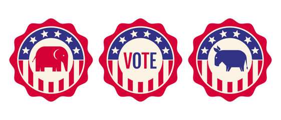 Vector vintage banners for 2024 presidential election in USA. Election 2024. Vote 2024. American pins. Donkey and elephant. - obrazy, fototapety, plakaty