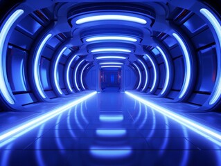 Naklejka premium Step into the Future: Unveiling Stunning Design of Blue-Lit Futuristic Corridor Generative AI