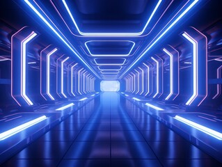 Fototapeta premium Explore the Corridors of Tomorrow: The Alluring Mystique of Futuristic Blue-Lined Hallways Generative AI
