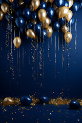 Birthday, new year celebration background. blue and gold balloons celebrate backdrop balloons. AI