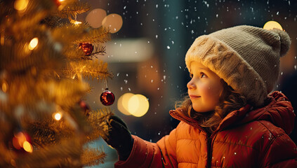 niña vestida de invierno con gorro de lana viendo un árbol de navidad en la calle bajo la nieve