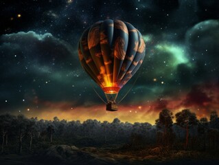 Majestic Night Journey: Hot Air Balloon Illuminating the Dark Sky Generative AI