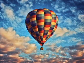 Fototapeta premium Marvel at the Serene Majesty: A Hot Air Balloon Soaring Above Cloud-Crowned Blue Skies Generative AI