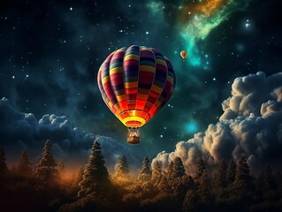 Fototapeta na wymiar Stunning Aerial Voyage: Illuminated Hot Air Balloon Against Starlit Night Sky Generative AI