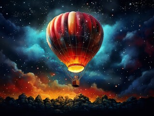 Surreal Skyward Journey: Starlit Night Meets Hot Air Balloon Adventure! Generative AI