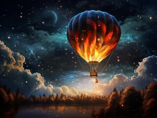 Majestic Journey: Hot Air Balloon Gliding Over Star-Kissed Skies Generative AI