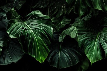 Majestic Display: A Striking Vision of Gigantic Leaves on a Sleek Black Backdrop Generative AI