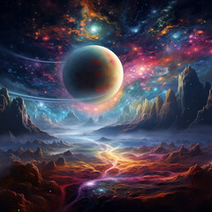 space art trippy colorful planet landscape illustraion with stars, planets and nebulas night sky