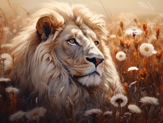 Wild Majesty: Unveiling the Exquisite Blend of Raw Lion Power Amid a Sea of Blossoms Generative AI