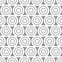 Repeated small and big black circles and columns background. Seamless surface pattern design with circular ornament. Hoops wallpaper. Round motif. Spheres image. Digital paper with rings. Vector art.