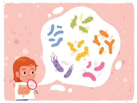 Girl and her healthy gut flora microbes. Kid person looking at her various good bacteria in intestine. Digestive system microbes, colon organ health, digestion concept flat vector illustration