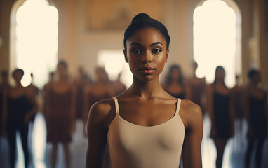 Young black woman ballerina in dance studio - ballet and dancer concept - obrazy, fototapety, plakaty