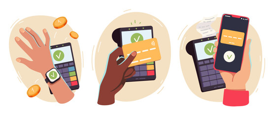Contactless payment transaction technology set. Person hand buy paying with smartphone, smartwatch, card on POS terminal stickers. NFC mobile phone pay wireless device concept flat vector illustration - obrazy, fototapety, plakaty