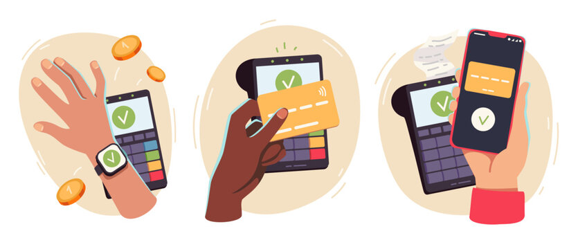 Contactless payment transaction technology set. Person hand buy paying with smartphone, smartwatch, card on POS terminal stickers. NFC mobile phone pay wireless device concept flat vector illustration