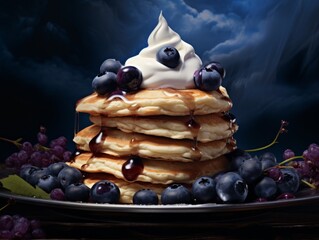 Indulge in Scrumptious Pancakes Topped with Fresh Blueberries & Creamy Whipped Delight Generative AI