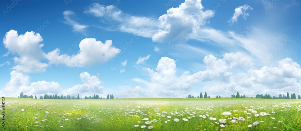 Sticker In the stunning summer landscape, the clear sky stretched out into endless space, adorned with fluffy white clouds that danced in the sunlight, enhancing the beauty of the natural environment with