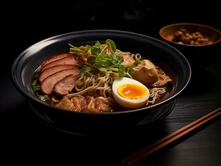 Delectable Ramen Bowl: Egg, Sausage Extravaganza on a Sophisticated Dark Plate! Generative AI