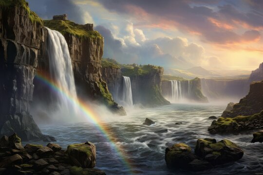 Unveiling Iceland's Hidden Gems: Breathtaking Rainbow Over a Majestic Waterfall Generative AI