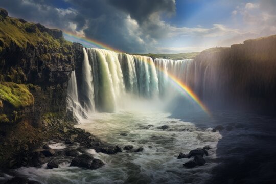 Enchanting Spectacle: A Rainbow Dancing Over Iceland's Majestic Waterfall Generative AI © monsifdx