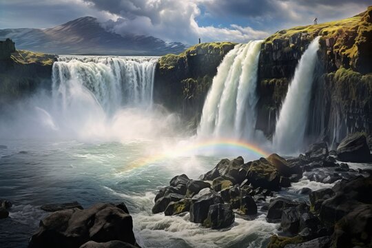 Captivating Rainbow Enchantment Over an Icelandic Waterfall: A Mesmerizing Sight! Generative AI