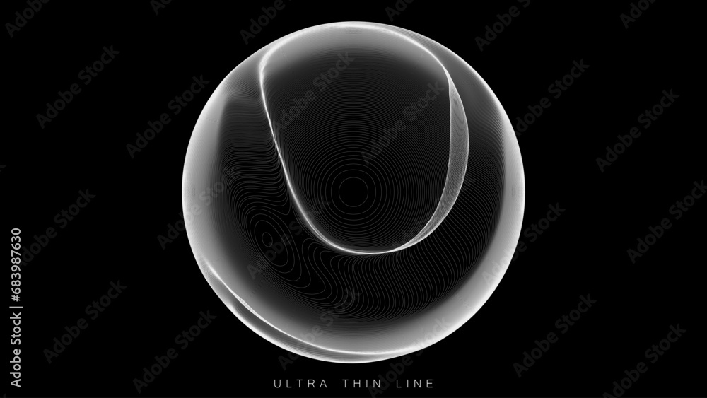 Poster ultra thin line fluid geometry. dynamic vector distorted spheres.