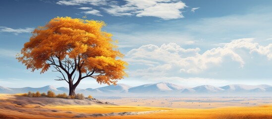 In the mesmerizing Autumn landscape, a magnificent Autumn tree stood tall, its branches adorned with vibrant yellow Autumn leaves, signifying the arrival of the Fall season and adding a burst of color
