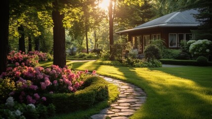 luxury landscape design with green manicured lawn, beautiful flower beds and path.	