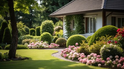 luxury landscape design with green manicured lawn, beautiful flower beds and path.	