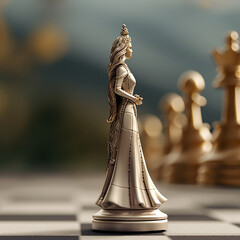 A Gold Logic Queen Chess Piece on a Chess Board with a Blurred Landscape Drawing