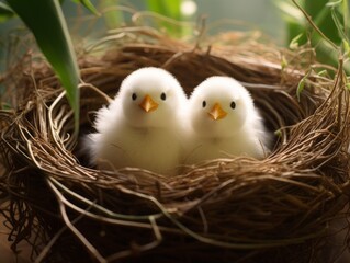 Adorable Trio: Captivating White Baby Birds Nestled Together in Serenity Generative AI