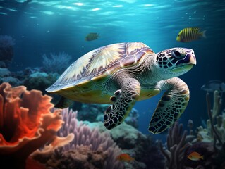 Naklejka na ściany i meble Encounter with Enchanting Underwater Ecosystem: Diving Beside a Majestic Turtle Generative AI