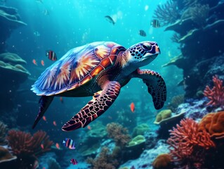 Obraz na płótnie Canvas Stunning Underwater Scene: Majestic Turtle Gliding Beside Vibrant Coral Reef Generative AI