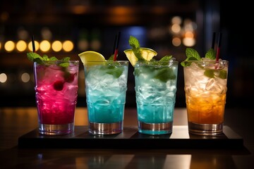 Colorful cocktails on a bar counter in a nightclub, close-up